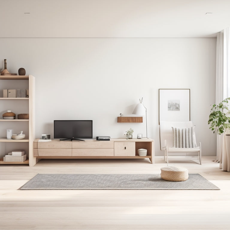A minimalist, modern living room with a blank white wall, surrounded by scattered wooden planks, power tools, and shelves in various stages of assembly, with a subtle hint of natural light.