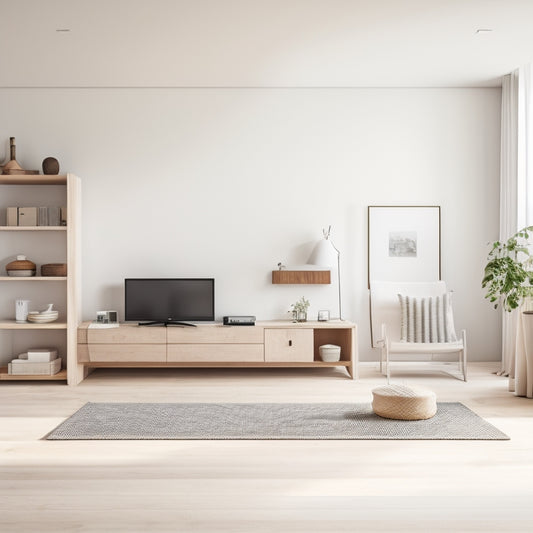 A minimalist, modern living room with a blank white wall, surrounded by scattered wooden planks, power tools, and shelves in various stages of assembly, with a subtle hint of natural light.