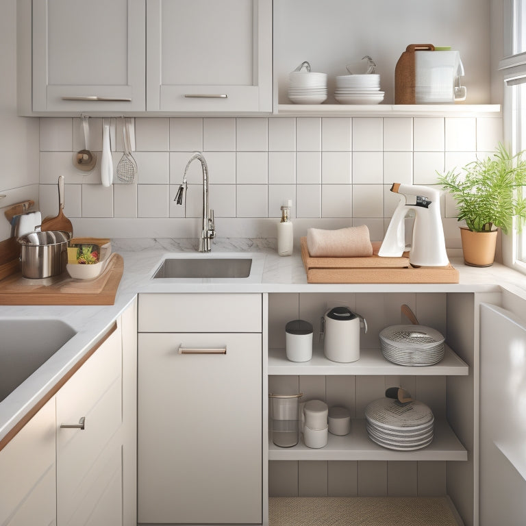 A tidy, modern kitchen sink area with a pull-out drawer, a slide-out trash can, and a wall-mounted shelf holding cleaning supplies, amidst a calming beige and white color scheme.