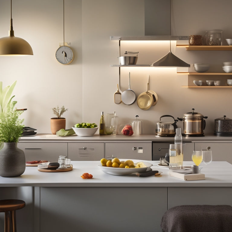 A small, modern kitchen with sleek countertops and minimal decor, featuring a compact turntable at the center, surrounded by a few, artfully arranged ingredients and utensils, with a subtle, warm lighting.