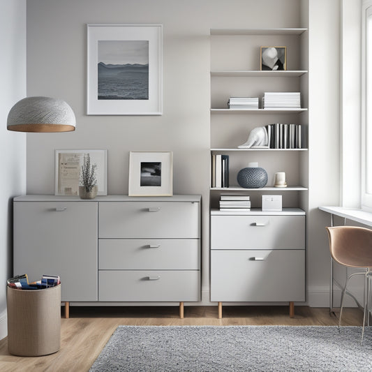 A modern, minimalist room with a sleek, silver Emuca's Vertex Drawer unit against a light-gray wall, surrounded by scattered design books and a few scattered pencils.