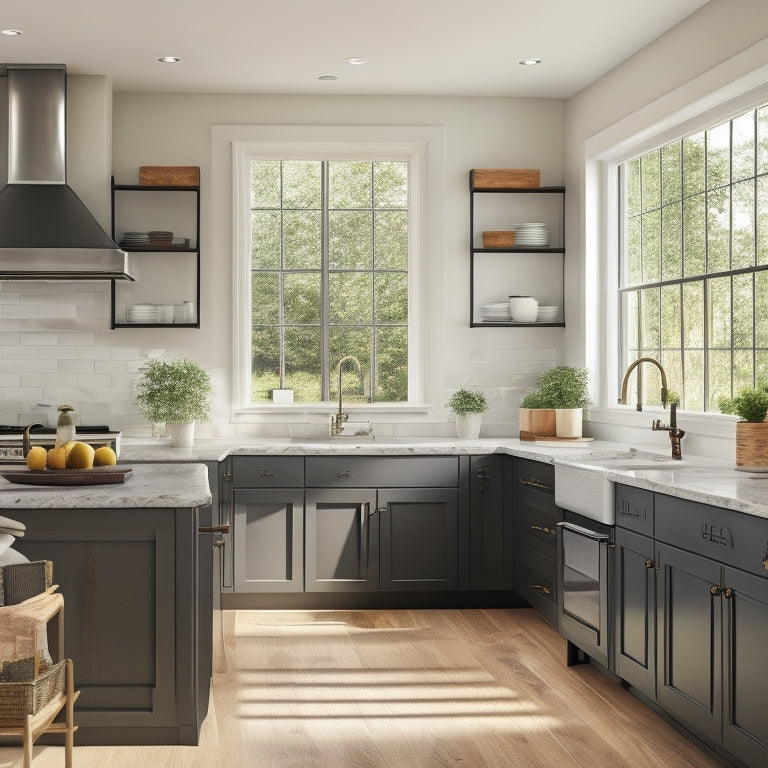 A bright, airy kitchen with creamy white Shaker-style cabinetry, warm wood accents, and sleek, matte-black hardware, set against a backdrop of large, light-filled windows and polished, dark-gray stone countertops.