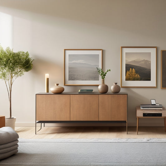 A serene, minimalist living room with a tidy console table, a few carefully placed decorative objects, and a wall of sleek, floor-to-ceiling storage units in a light wood tone.