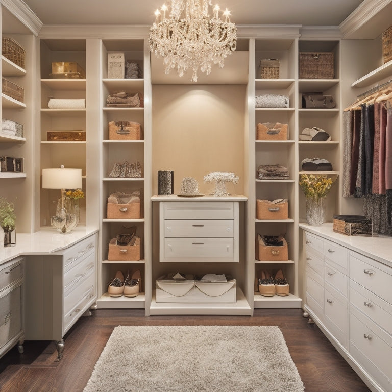 A luxurious, walk-in closet with cream-colored walls, dark wood shelves, and a central island with a sleek, silver jewelry organizer, surrounded by scattered fashion magazines and a few pairs of high heels.