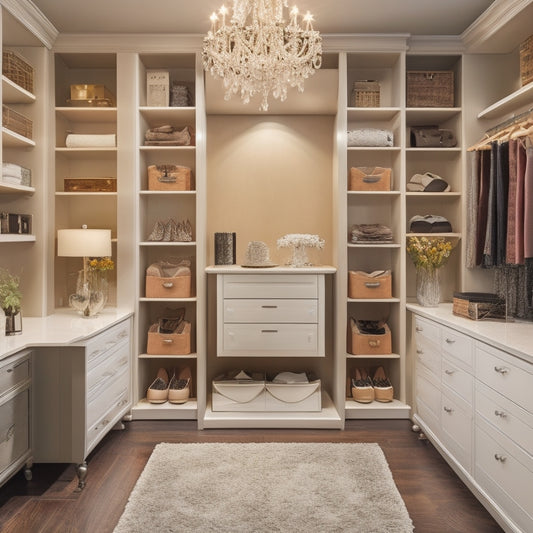 A luxurious, walk-in closet with cream-colored walls, dark wood shelves, and a central island with a sleek, silver jewelry organizer, surrounded by scattered fashion magazines and a few pairs of high heels.