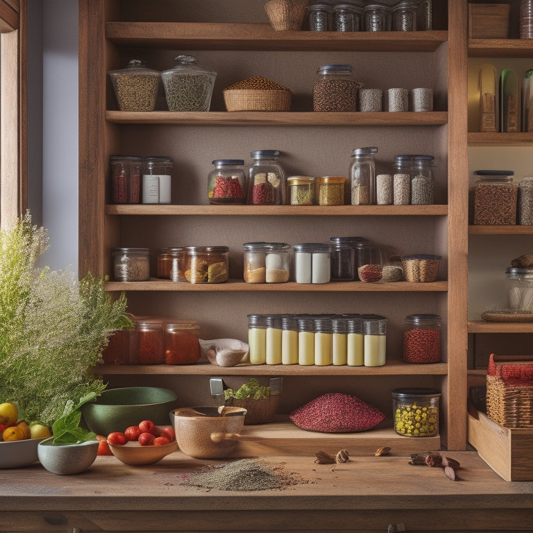 A beautifully styled kitchen with a wooden spice drawer open, revealing a rainbow of spices arranged in a custom divider system, surrounded by rustic cookbooks and a few scattered recipe cards.