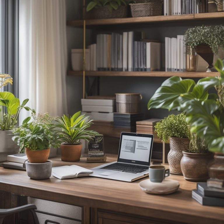 A tidy home office with a laptop open to an online course platform, surrounded by organized files, a planner, and a few carefully placed decorative plants, with a subtle background of a organized bookshelf.