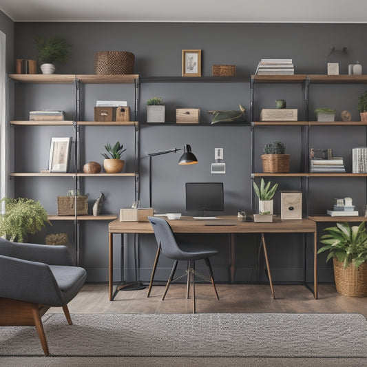 A tidy, well-lit home office with a wall-mounted shelf system featuring wooden floating shelves, metal brackets, and decorative baskets, paired with a matching desk and ergonomic chair.