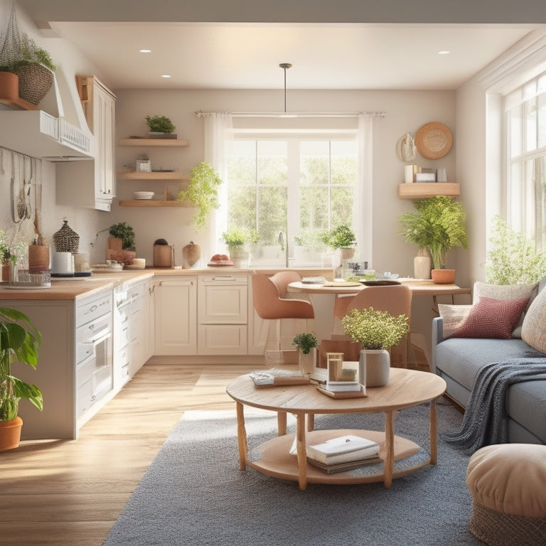 A cozy, clutter-free living room with a few, carefully-placed decorative items, natural light pouring in, and a hint of a sparkling clean kitchen in the background, surrounded by soft, calming colors.