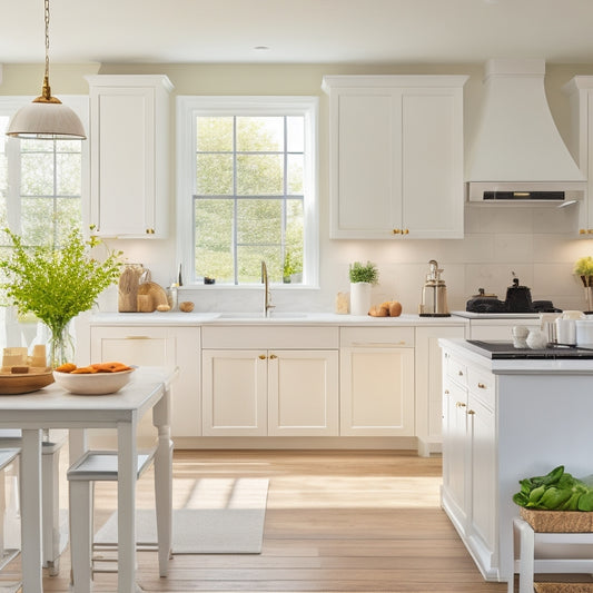 A serene kitchen with sleek white cabinets, a minimalist island, and a few strategically placed decorative items, surrounded by ample natural light and a subtle warm glow.