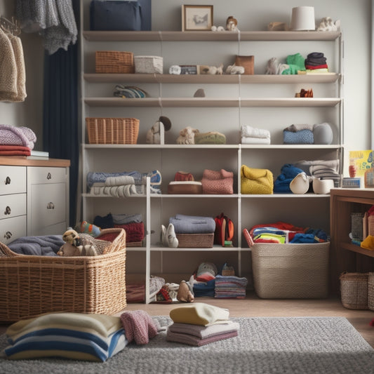 A cluttered room with piles of clothes, books, and toys, transformed into an organized space with sleek corner shelves, baskets, and storage units, showcasing a calm and peaceful atmosphere.