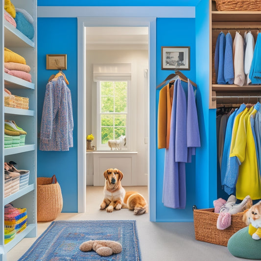 A serene, well-lit closet interior with a mix of pet beds, toys, and storage bins in calming colors, surrounded by neatly organized clothing and shoes, with a few furry friends lounging in the background.