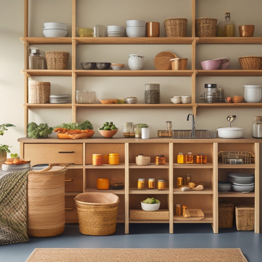 A kitchen countertop with a mix of open shelving, woven baskets, and sleek drawers, featuring a built-in spice rack, a utensil organizer, and a tiered turntable for cookbooks and decorative items.