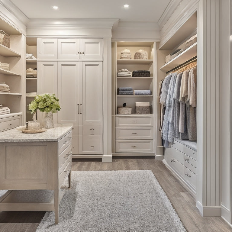 A serene, walk-in closet with soft, warm lighting and cream-colored walls, featuring a custom, floor-to-ceiling shelving system, drawers, and a central island with a plush, gray ottoman.