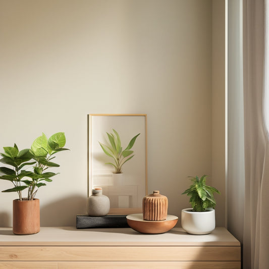 A serene, minimalist room with a few, carefully curated objects on a sleek shelf, surrounded by plenty of negative space, and a single, potted plant on a polished wooden floor.