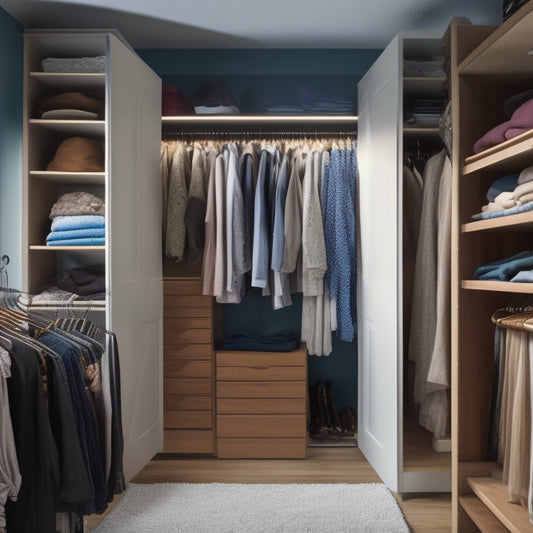 A messy closet with clothes scattered on the floor, contrasted with a sleek, organized closet in the background, featuring shelves, drawers, and rods, with a subtle hint of a price tag in the corner.