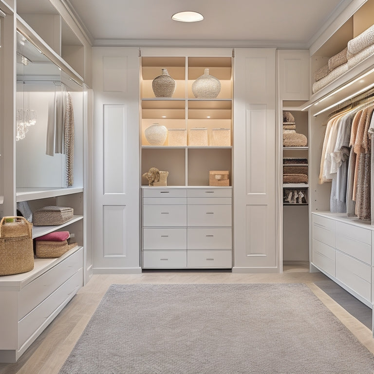 A serene, modern walk-in closet with sleek, floor-to-ceiling shelves, gleaming chrome accents, and a central island with a built-in bench, set against a soft, creamy background.