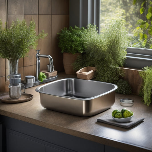 A serene farmhouse sink surrounded by lush greenery, with a sleek, stainless steel organizer system featuring multiple compartments, a built-in soap dispenser, and a utensil holder, against a warm, rustic background.