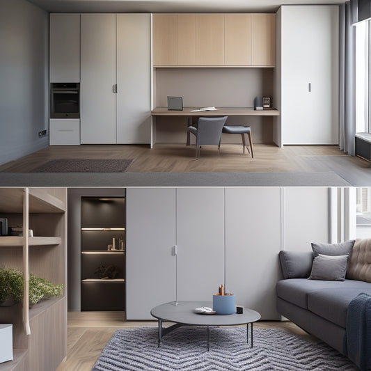 A minimalist, modern living room in a tiny apartment, with a sleek Murphy bed, compact sectional sofa, and a space-saving desk nestled beneath a floor-to-ceiling storage unit.