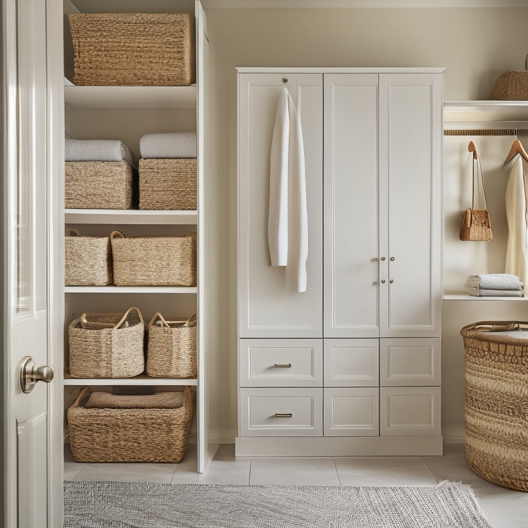 A serene, well-lit closet interior with a minimalist aesthetic, featuring a neatly organized double rod, wooden shelves, and woven baskets, illuminated by a soft, warm morning light.