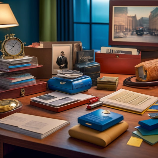 A tidy desk with a rotating card display, a small filing cabinet, and a binder with labeled tabs, surrounded by neatly organized piles of cards in protective sleeves and a few scattered card-themed accessories.