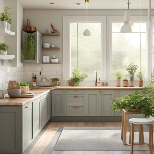 A serene, light-filled kitchen with sleek, handleless cabinets in a soft gray tone, paired with a minimalist island, a farmhouse sink, and a few carefully placed potted plants.