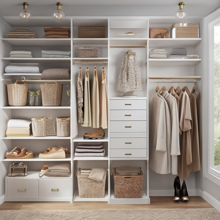 A tidy, well-lit closet with a mix of shelves, drawers, and hanging rods, featuring various DIY organizer kits including stackable bins, velvet hangers, and a shoe rack, in a calming white and wood tone color scheme.