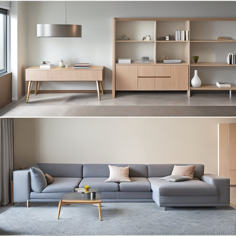 A minimalist living room with a wall-mounted fold-down desk, a sleek Murphy bed, and a compact sectional sofa with built-in storage, set against a light gray background with subtle wood accents.