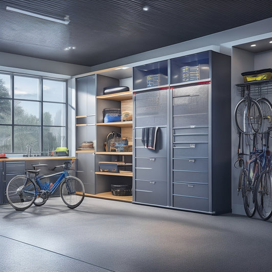 A modern, sleek garage interior with Gladiator's modular cabinets, hooks, and bins in a metallic silver finish, surrounded by a sports car, bicycle, and gardening tools, illuminated by soft, warm lighting.