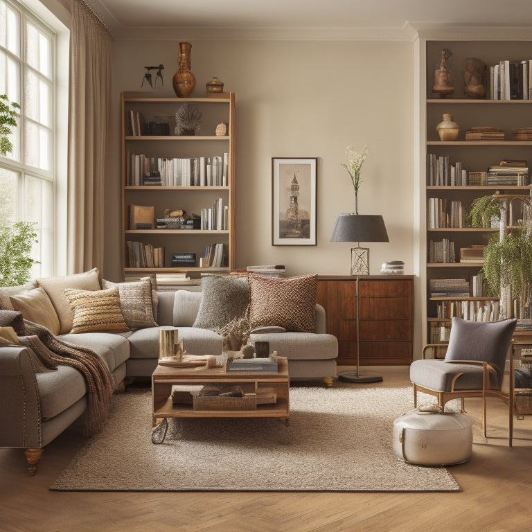 A serene, clutter-free living room with a floor-to-ceiling, custom-built shelving system in a warm wood tone, holding a few, carefully curated decorative items and books.