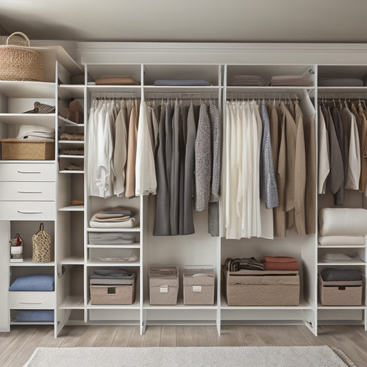 A tidy, walk-in closet with cream-colored walls, dark wood shelves, and chrome rods, featuring a mix of hanging clothes, folded items on shelves, and storage bins on the floor.