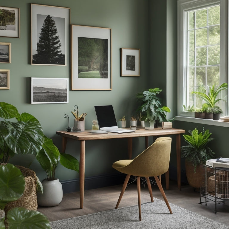 A serene, well-lit home office with a minimalist wooden desk, tidy paper trays, and a few framed art pieces on the walls, surrounded by lush green plants and a comfortable, cushioned office chair.