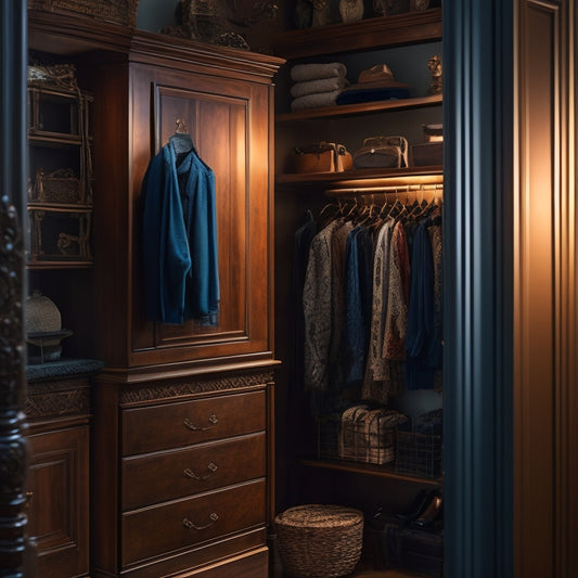 A serene, dimly lit closet in a historic home with ornate molding, featuring a mix of modern and vintage storage solutions, including antique armoires, woven baskets, and crystal knobs on wooden shelves.