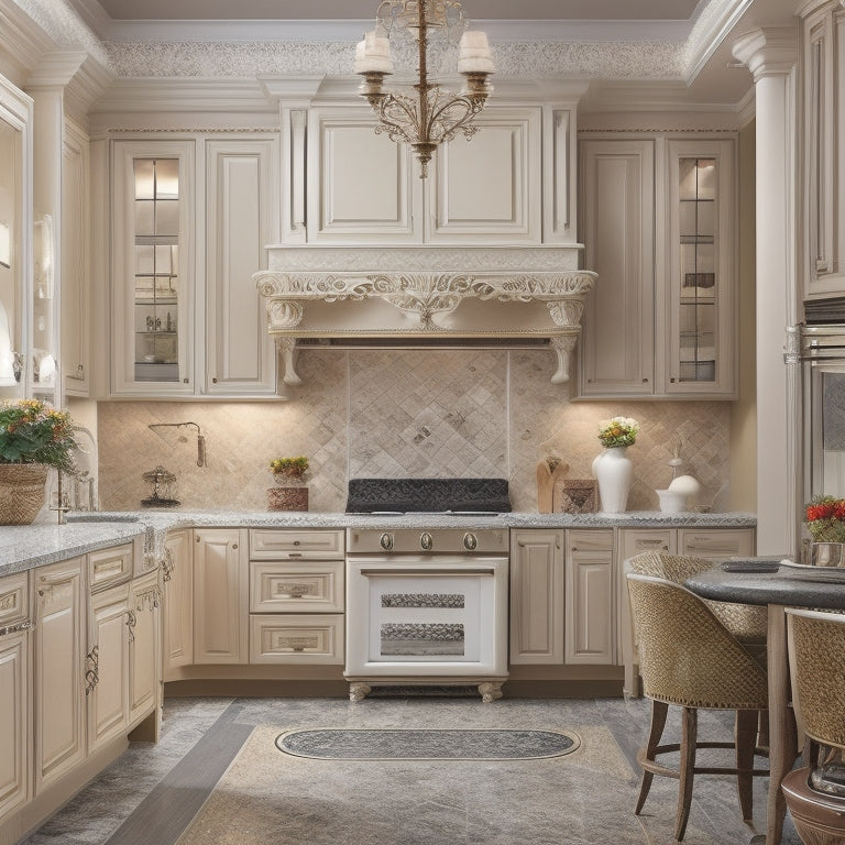 A beautifully styled kitchen with cream-colored custom cabinets featuring ornate molding, adorned with bronze hardware, surrounded by warm beige walls, and topped with rich dark granite countertops.