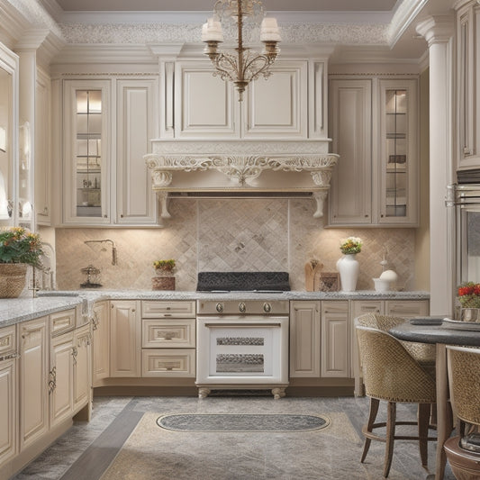 A beautifully styled kitchen with cream-colored custom cabinets featuring ornate molding, adorned with bronze hardware, surrounded by warm beige walls, and topped with rich dark granite countertops.