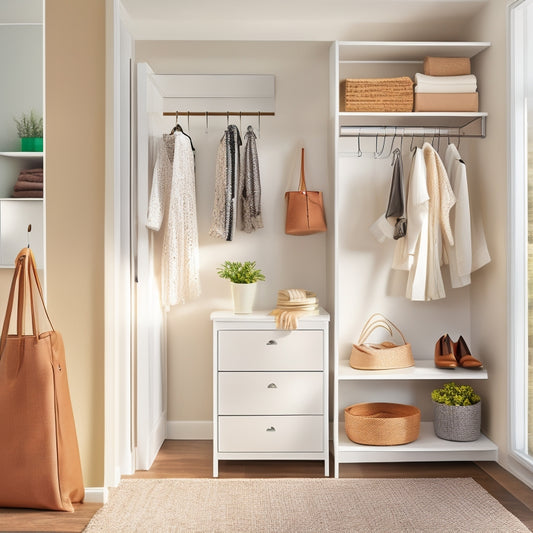 A bright, modern entryway closet with the Elfa White System, featuring sleek shelves, double rods, and a shoe rack, surrounded by crisp white walls and soft, natural light.