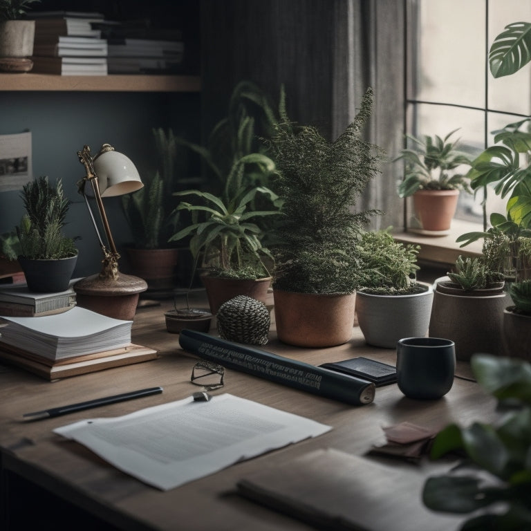 A cluttered home office with piles of papers, broken office supplies, and tangled cords on a messy desk, contrasting with a serene, minimalist workspace in the background, with a few strategically placed plants.