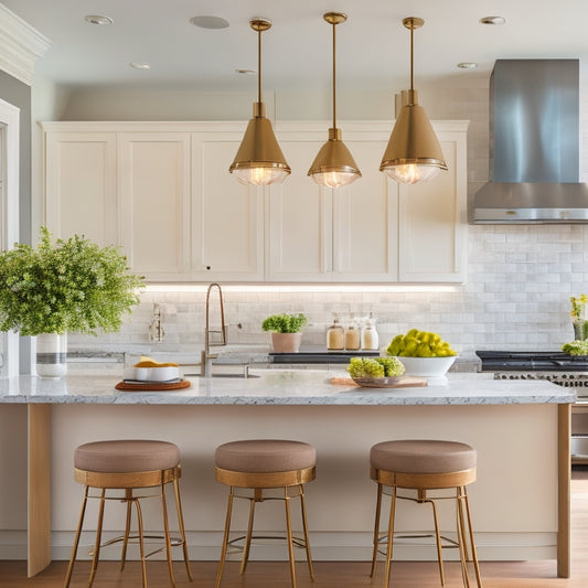 A bright, modern kitchen with sleek white cabinets, gleaming quartz countertops, and a statement light fixture above a central island, surrounded by warm beige walls and dark hardwood floors.