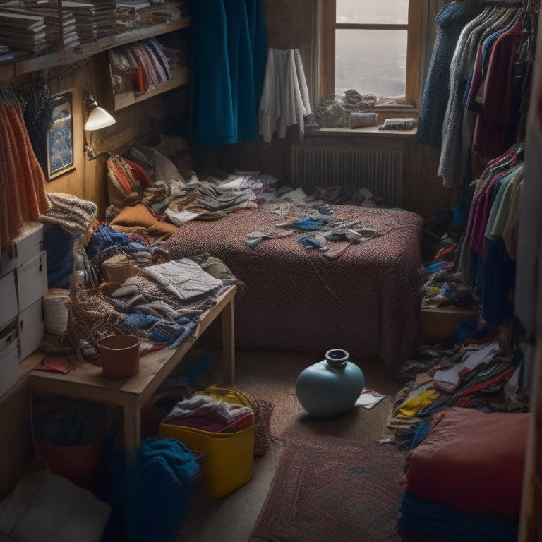 A cluttered room with piles of clothes, papers, and broken items, with a tangled web of strings and threads binding a person in the center, surrounded by faint outlines of organized shelves and tidy spaces in the background.