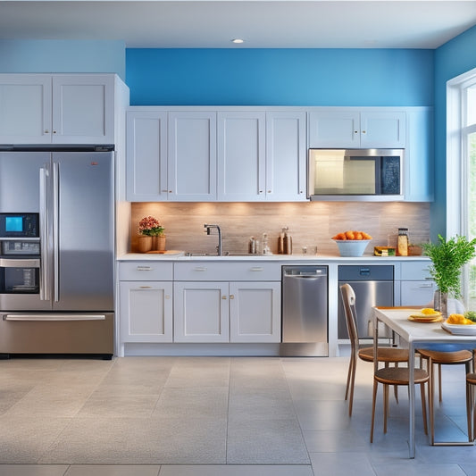 A modern kitchen with sleek, compact appliances in a harmonious layout, featuring a stainless steel refrigerator, microwave, and oven, alongside a matching dishwasher and sink.