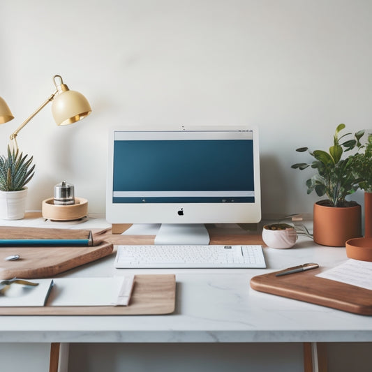 A serene, minimalist workspace with a sleek, wooden desk, a neatly organized laptop stand, and a few, carefully arranged, colorful pens and papers, set against a soft, creamy background.