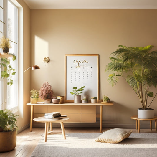 A serene, minimalist living room with a blank calendar on the wall, surrounded by scattered DIY tools, paint swatches, and a few potted plants, bathed in warm, golden morning light.