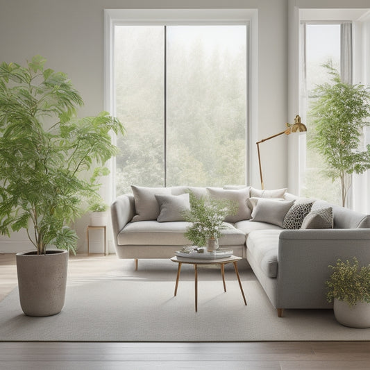 A serene, minimalist living room with a few, carefully-curated decorative pieces, a neutral color palette, and a few potted plants, illuminated by soft, natural light streaming through floor-to-ceiling windows.