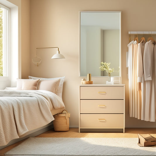 A serene, minimalist bedroom with a dresser featuring soft-close drawers, each containing neatly organized clothing and accessories, surrounded by a calm, neutral-colored background and soft, natural light.