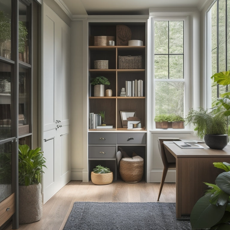 A serene, well-lit home office with a transformed closet featuring sleek, floor-to-ceiling shelves, a built-in desk, and a sliding door with a minimalist wooden handle, surrounded by lush greenery.