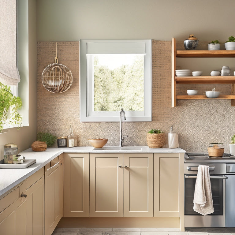 A serene, modern kitchen with a corner sink, featuring a curved, wall-mounted shelf with three woven baskets and a few strategically placed, sleek chrome hooks, surrounded by calm, neutral-toned walls and floor.