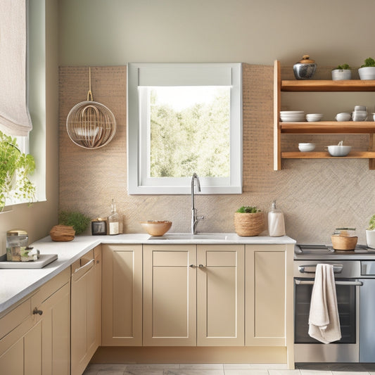 A serene, modern kitchen with a corner sink, featuring a curved, wall-mounted shelf with three woven baskets and a few strategically placed, sleek chrome hooks, surrounded by calm, neutral-toned walls and floor.