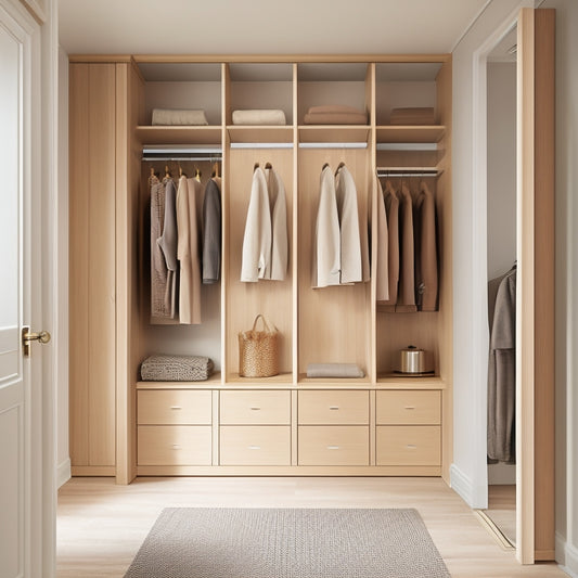A serene, minimalist closet interior with a row of identical, soft-close drawers in a light wood tone, adorned with sleek metal handles, and a single, floor-to-ceiling shelf in the background.