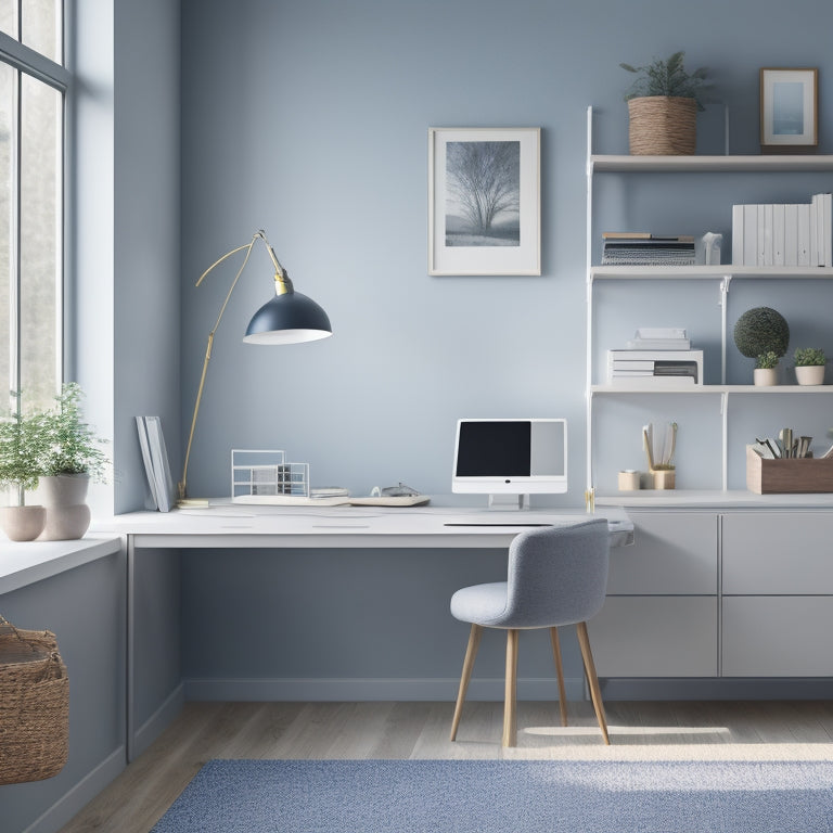 A minimalist, modern home office with a tidy desk, a laptop, and a few organized storage bins, surrounded by a subtle background of calming blue tones and soft, natural light.