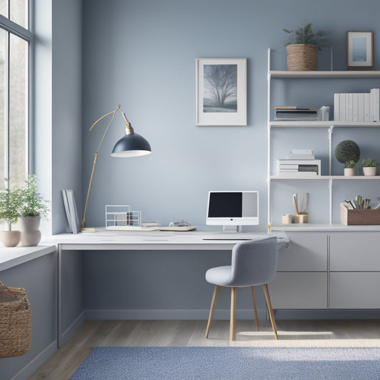 A minimalist, modern home office with a tidy desk, a laptop, and a few organized storage bins, surrounded by a subtle background of calming blue tones and soft, natural light.